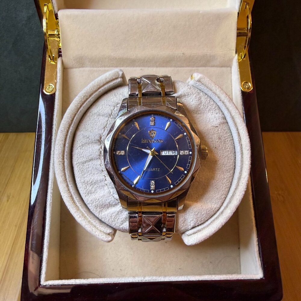 Binbond Men's Two Tone Day-Date Watch Silver/Gold/Blue, 41mm